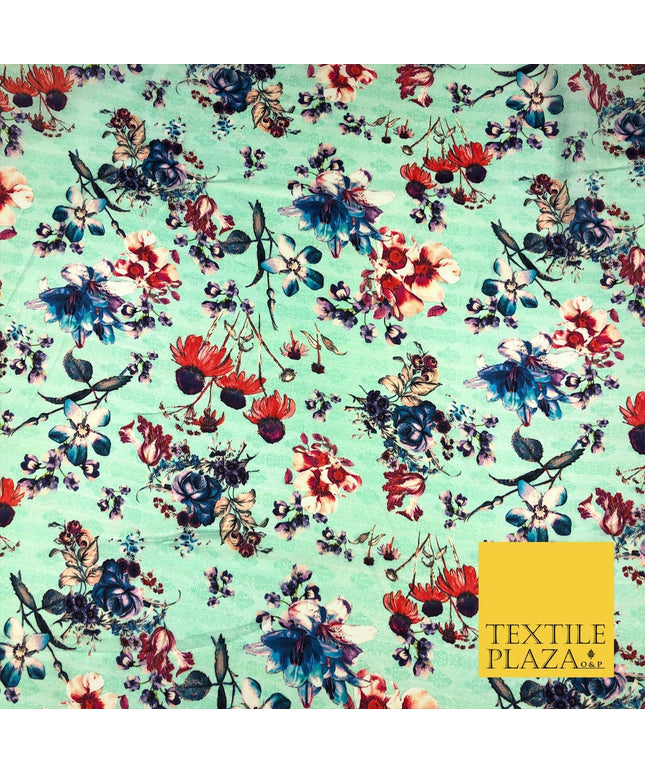 Mint Floral Watercolour Silky DigitalPrint Satin Crepe Dress Fabric Trendy I1080
