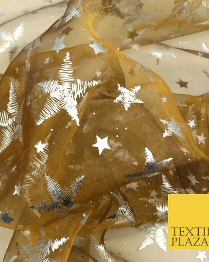 GINGER BRONZE Silver Metallic Foil Stars Organdy Organza Fabric Dress Craft 1543