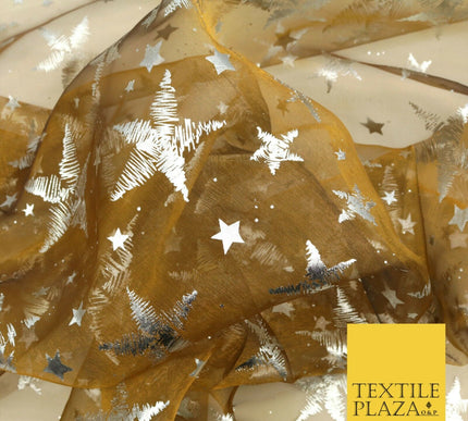GINGER BRONZE Silver Metallic Foil Stars Organdy Organza Fabric Dress Craft 1543