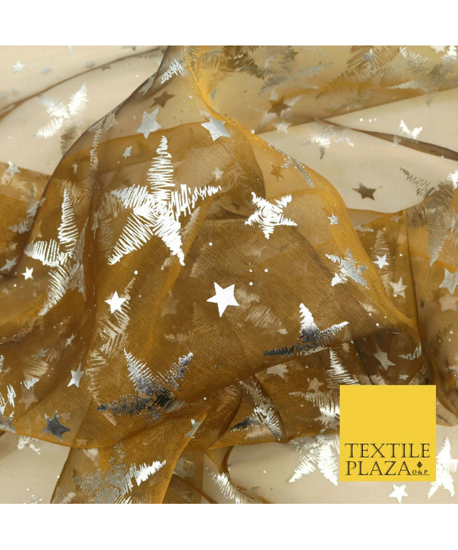 GINGER BRONZE Silver Metallic Foil Stars Organdy Organza Fabric Dress Craft 1543