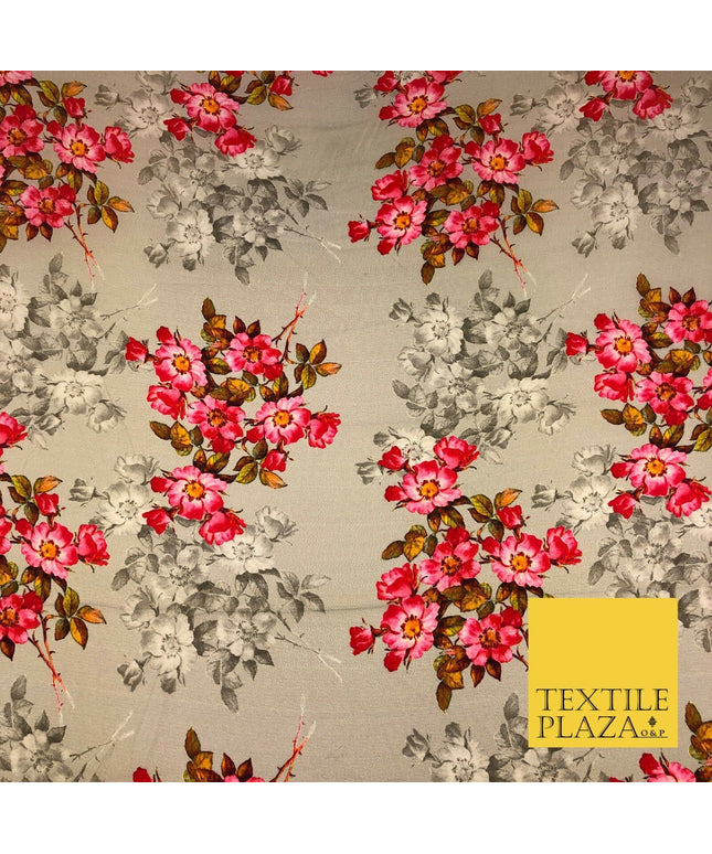 Gold Floral Cluster Silky Digital Print Satin Crepe Dress Fabric Trendy I1079