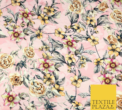Baby Pink Floral Silky Digital Print Satin Crepe Dress Fabric Trendy Style I1072