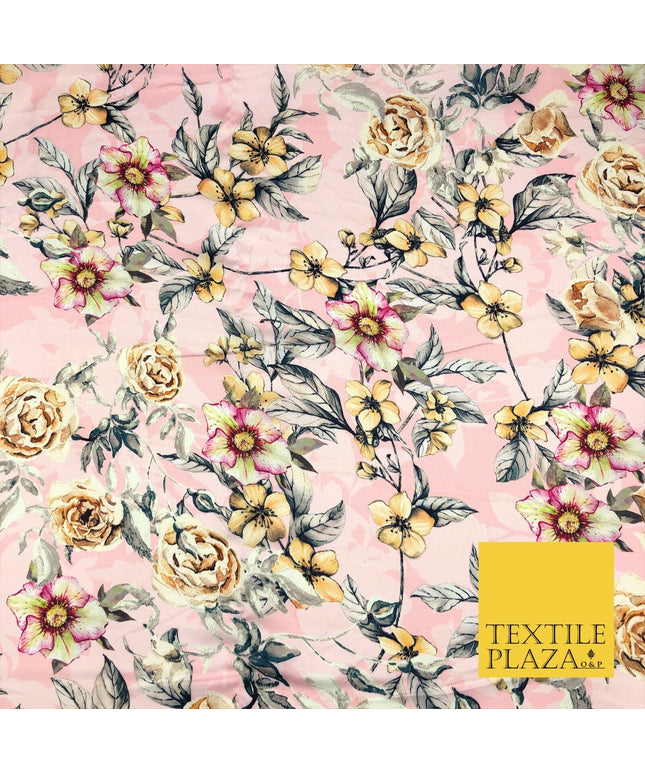 Baby Pink Floral Silky Digital Print Satin Crepe Dress Fabric Trendy Style I1072