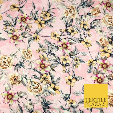 Baby Pink Floral Silky Digital Print Satin Crepe Dress Fabric Trendy Style I1072