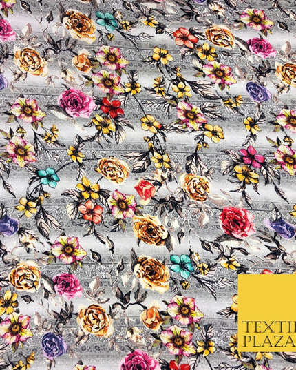 Grey Intense Floral Silky Digital Print Satin Crepe Dress Fabric Trendy I1078