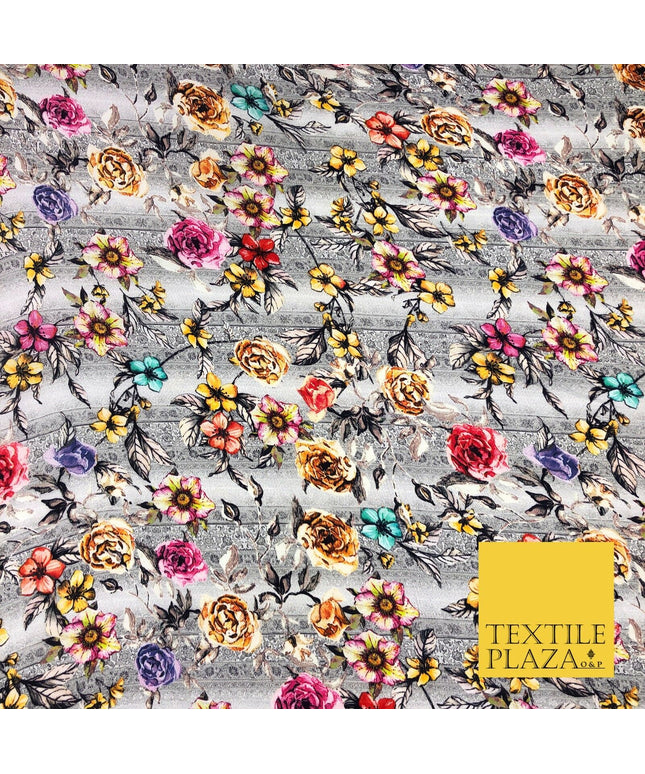 Grey Intense Floral Silky Digital Print Satin Crepe Dress Fabric Trendy I1078