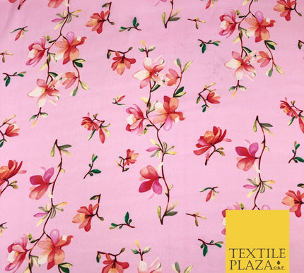 Bubblegum Pink Floral Silky Digital Print Satin Crepe Dress Fabric Trendy I1075