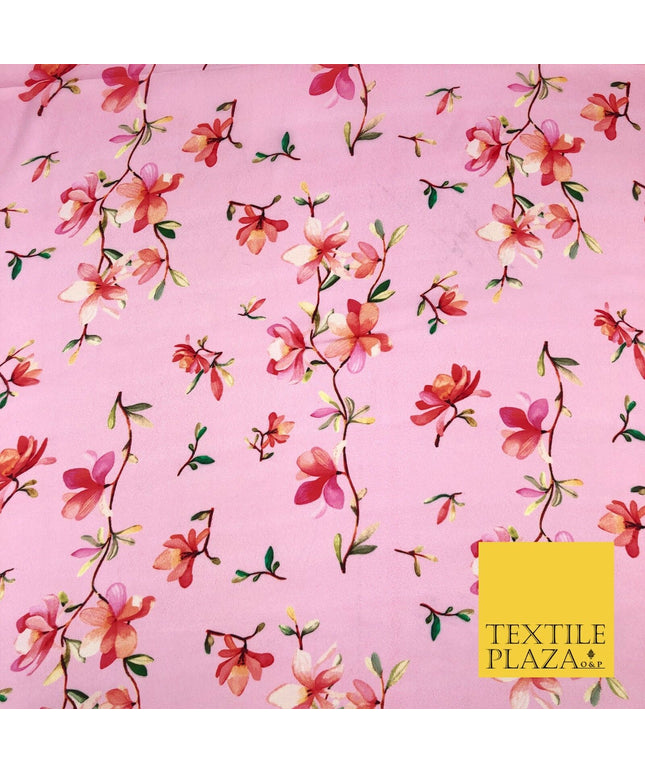 Bubblegum Pink Floral Silky Digital Print Satin Crepe Dress Fabric Trendy I1075