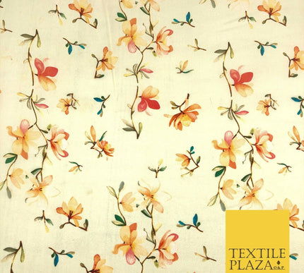 Lemon Cream Floral Silky Digital Print Satin Crepe Dress Fabric Trendy I1074