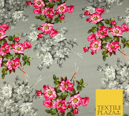 Grey Floral Cluster Silky Digital Print Satin Crepe Dress Fabric Trendy I1070