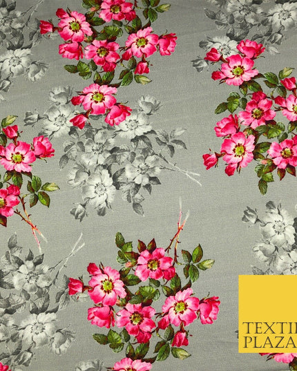 Grey Floral Cluster Silky Digital Print Satin Crepe Dress Fabric Trendy I1070