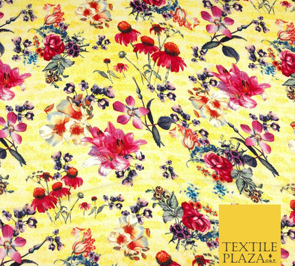 Yellow Summer Floral Silky Digital Print Satin Crepe Dress Fabric Trendy I1069