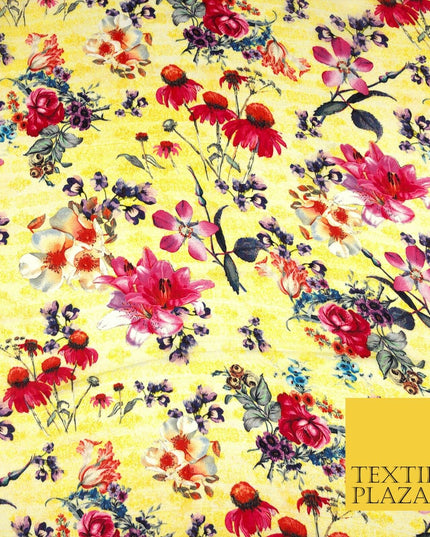 Yellow Summer Floral Silky Digital Print Satin Crepe Dress Fabric Trendy I1069