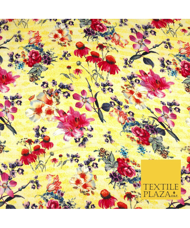 Yellow Summer Floral Silky Digital Print Satin Crepe Dress Fabric Trendy I1069