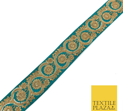 JADE TEAL Fancy Flower Swirls Zari Sequin Trimming Border Indian Ethnic (X68)