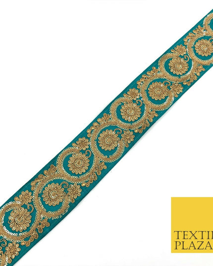 JADE TEAL Fancy Flower Swirls Zari Sequin Trimming Border Indian Ethnic (X68)