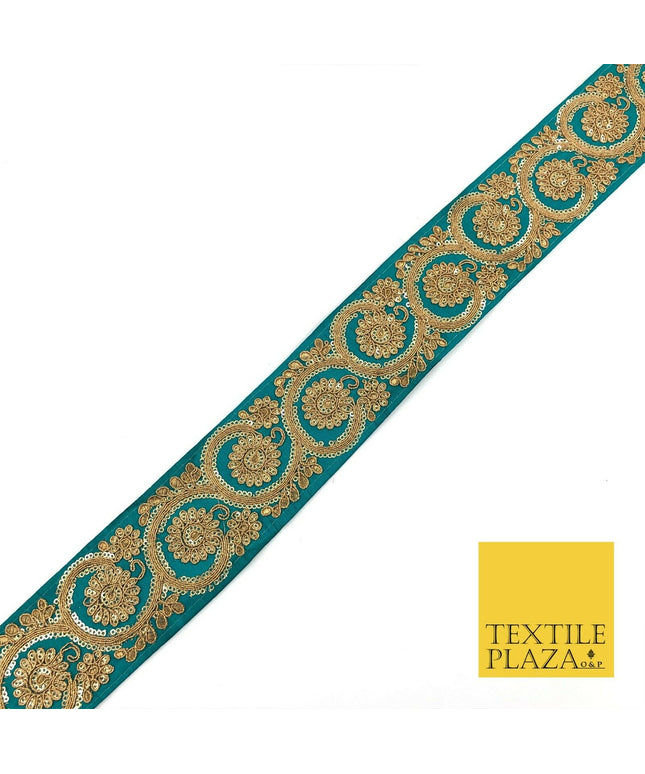 JADE TEAL Fancy Flower Swirls Zari Sequin Trimming Border Indian Ethnic (X68)