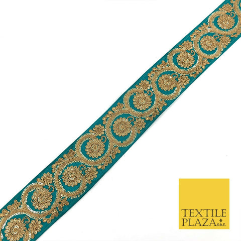 JADE TEAL Fancy Flower Swirls Zari Sequin Trimming Border Indian Ethnic (X68)
