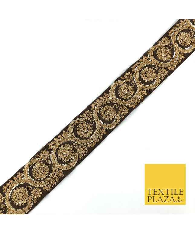 BROWN Fancy Flower Swirls Zari Sequin Trimming Border Indian Ethnic (X67)