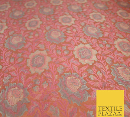 Peach Luxury Ornate Floral PURE Benarsi Brocade Woven Fine Dress FabricFancy1761