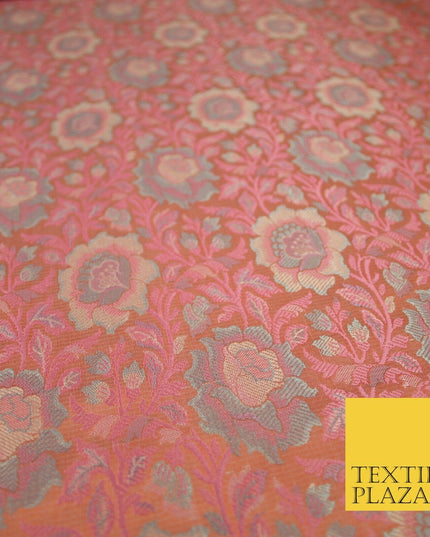 Peach Luxury Ornate Floral PURE Benarsi Brocade Woven Fine Dress FabricFancy1761