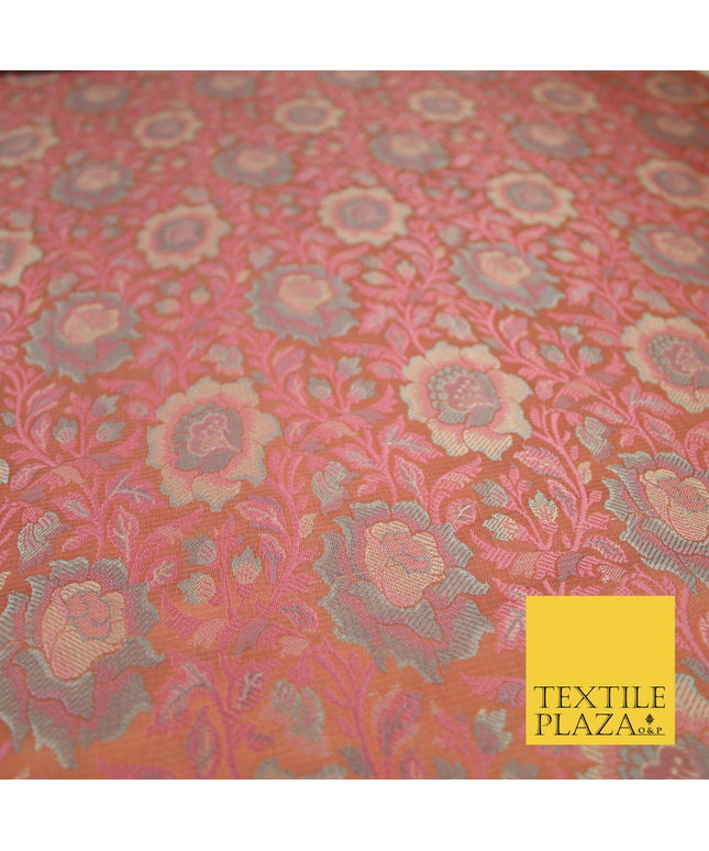 Peach Luxury Ornate Floral PURE Benarsi Brocade Woven Fine Dress FabricFancy1761