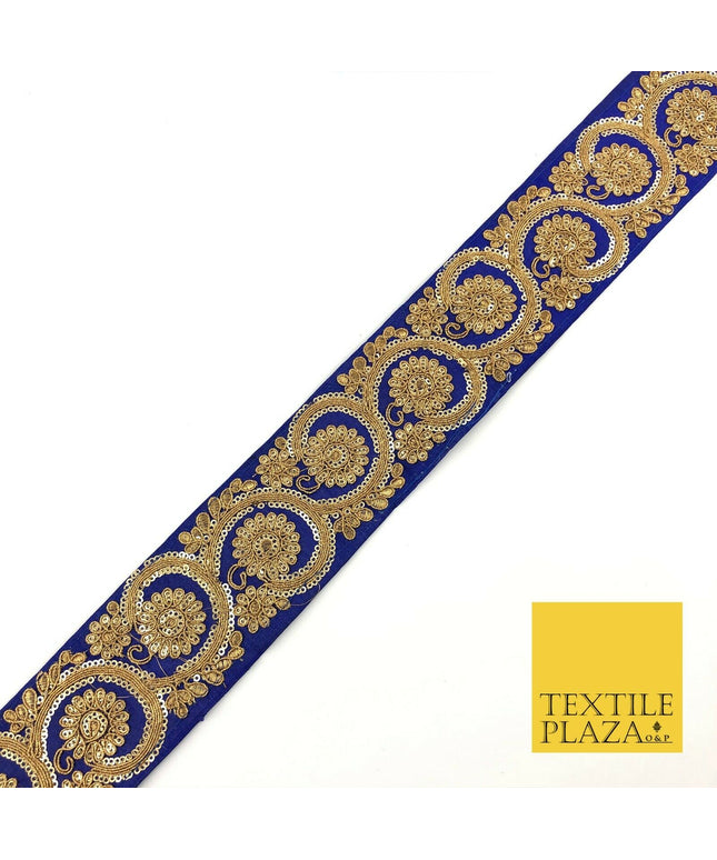 ROYAL BLUE Fancy Flower Swirls Zari Sequin Trimming Border Indian Ethnic (X69)