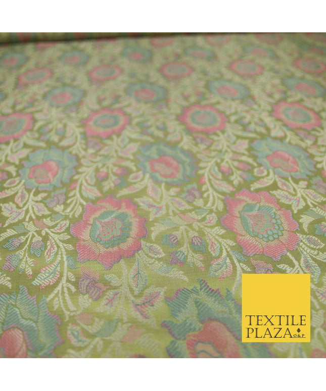 Green Luxury Ornate Floral PURE Benarsi Brocade Woven Fine Dress FabricFancy1762