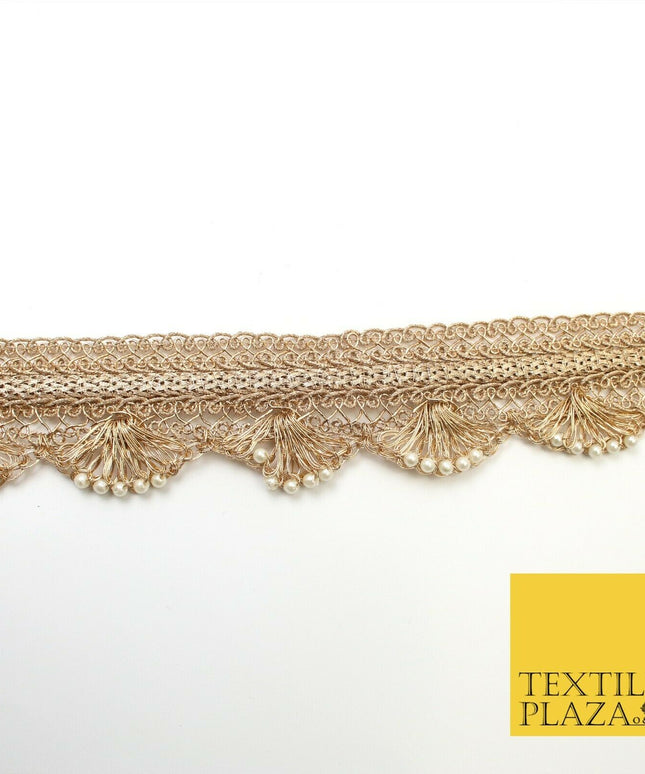 Light Gold Intricate Pearl Swag Trimming Border Ethnic Pankhi Scallop X309