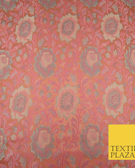 Peach Luxury Ornate Floral PURE Benarsi Brocade Woven Fine Dress FabricFancy1761
