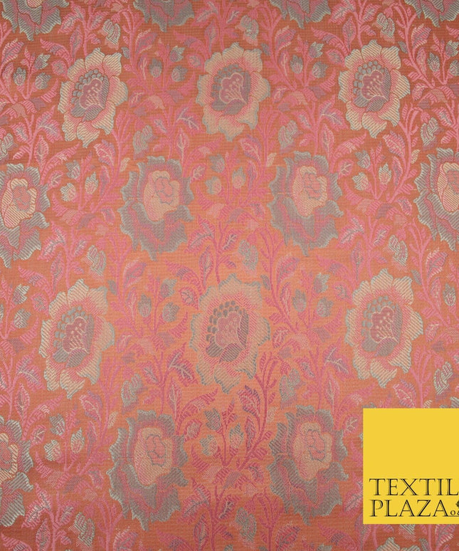 Peach Luxury Ornate Floral PURE Benarsi Brocade Woven Fine Dress FabricFancy1761