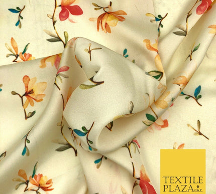 Lemon Cream Floral Silky Digital Print Satin Crepe Dress Fabric Trendy I1074