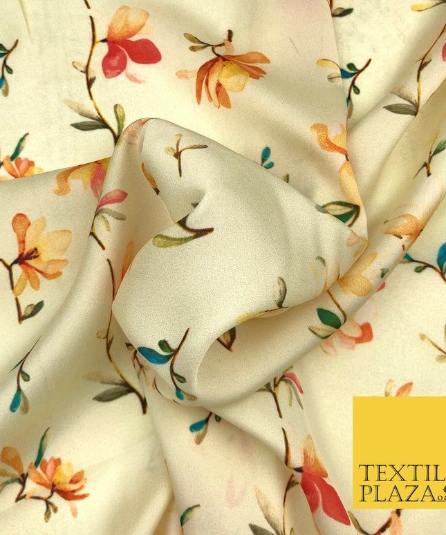 Lemon Cream Floral Silky Digital Print Satin Crepe Dress Fabric Trendy I1074
