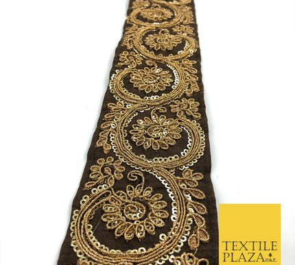 BROWN Fancy Flower Swirls Zari Sequin Trimming Border Indian Ethnic (X67)
