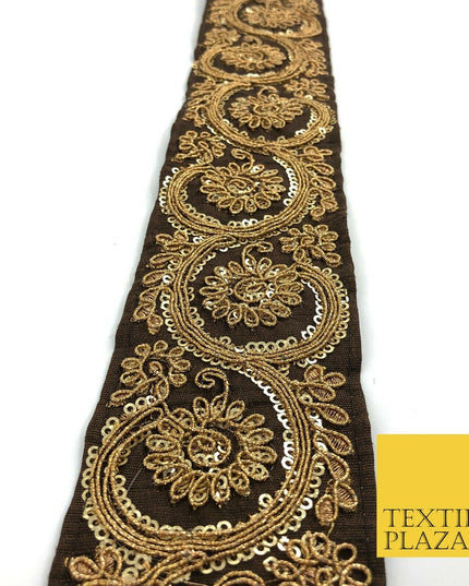 BROWN Fancy Flower Swirls Zari Sequin Trimming Border Indian Ethnic (X67)