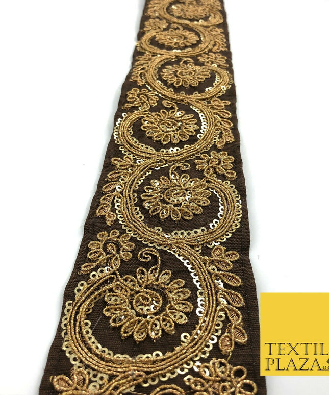 BROWN Fancy Flower Swirls Zari Sequin Trimming Border Indian Ethnic (X67)