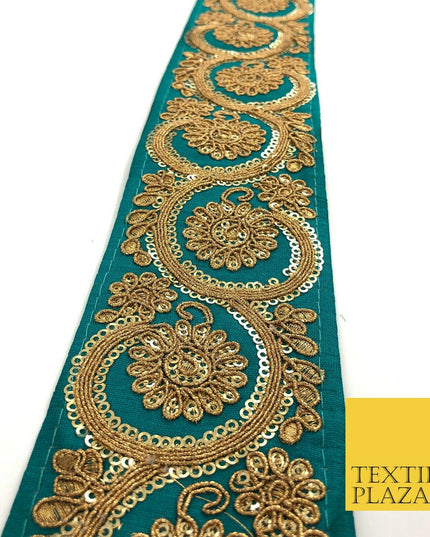 JADE TEAL Fancy Flower Swirls Zari Sequin Trimming Border Indian Ethnic (X68)