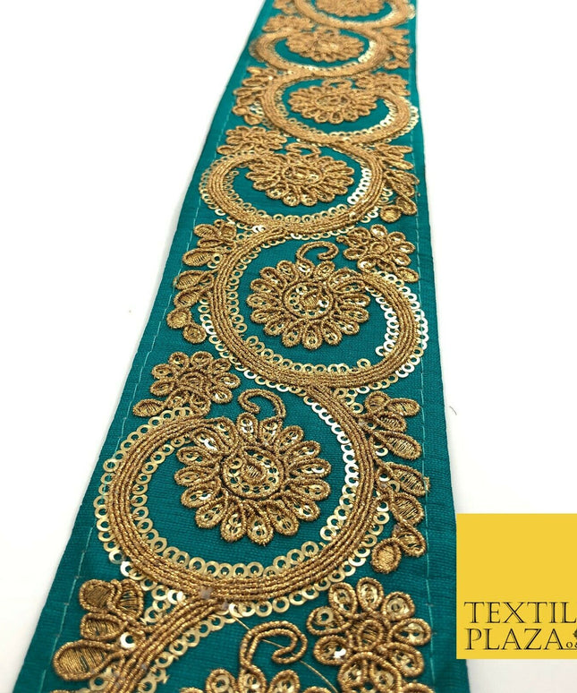 JADE TEAL Fancy Flower Swirls Zari Sequin Trimming Border Indian Ethnic (X68)