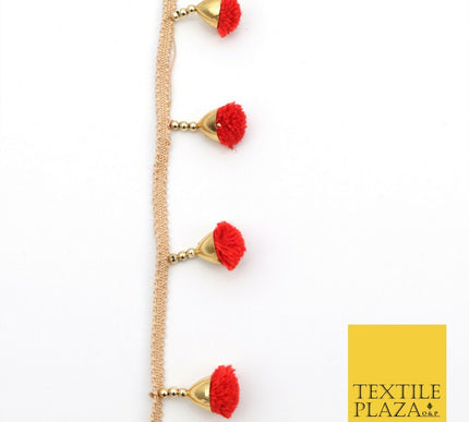 RED Pom Pom Tassels Indian Woven Gold Trim Ribbon Border Lace Ethnic X259
