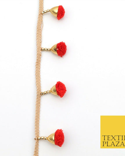 RED Pom Pom Tassels Indian Woven Gold Trim Ribbon Border Lace Ethnic X259