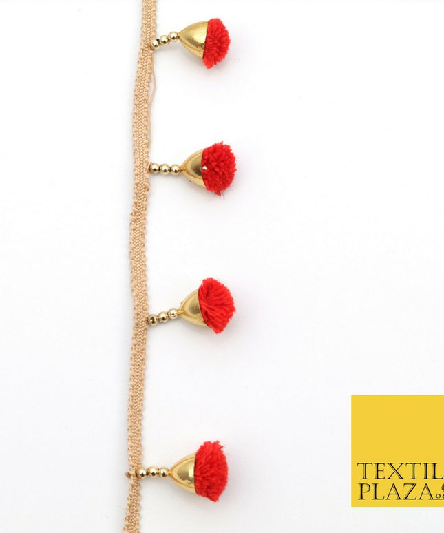 RED Pom Pom Tassels Indian Woven Gold Trim Ribbon Border Lace Ethnic X259