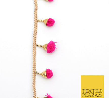 HOT PINK Pom Pom Tassels Indian Woven Gold Trim Ribbon Border Lace Ethnic X261