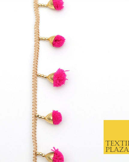 HOT PINK Pom Pom Tassels Indian Woven Gold Trim Ribbon Border Lace Ethnic X261
