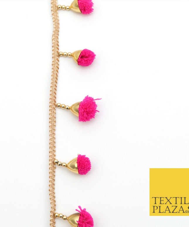 HOT PINK Pom Pom Tassels Indian Woven Gold Trim Ribbon Border Lace Ethnic X261
