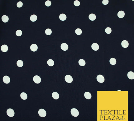 Navy Blue Ivory Spot Polka Dot Printed 100% Polyester Peachskin Dress Fabric1953