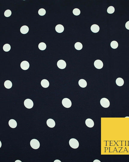 Navy Blue Ivory Spot Polka Dot Printed 100% Polyester Peachskin Dress Fabric1953