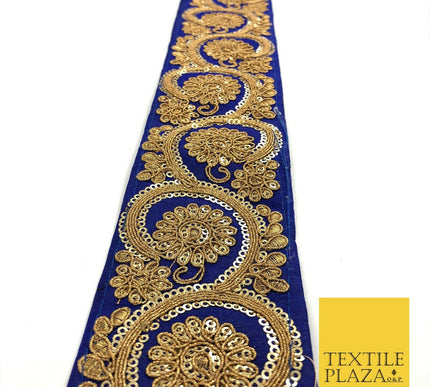 ROYAL BLUE Fancy Flower Swirls Zari Sequin Trimming Border Indian Ethnic (X69)
