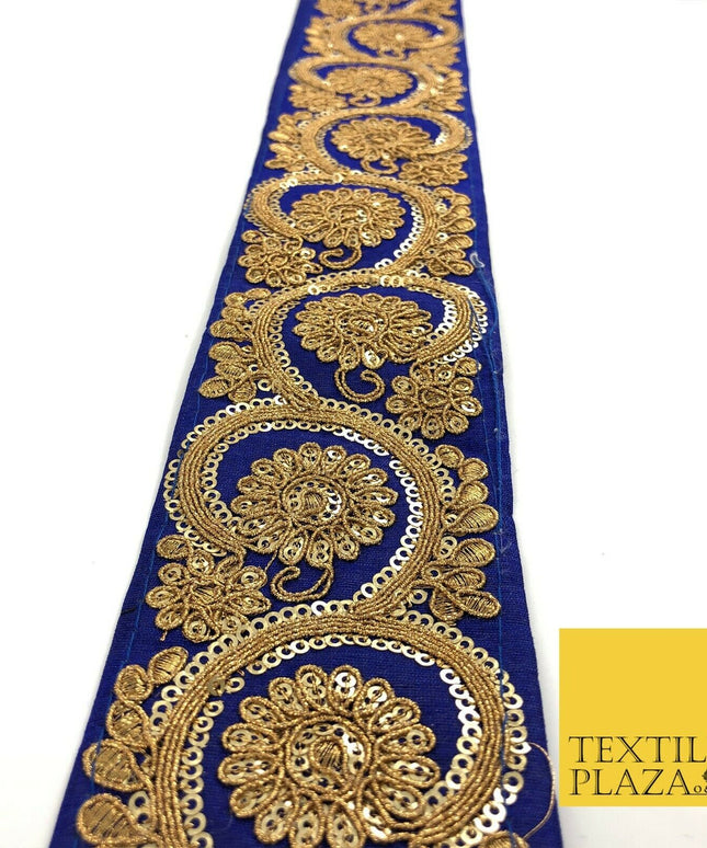 ROYAL BLUE Fancy Flower Swirls Zari Sequin Trimming Border Indian Ethnic (X69)