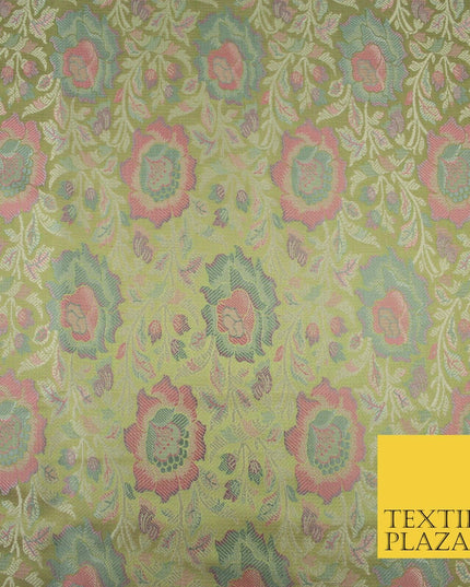 Green Luxury Ornate Floral PURE Benarsi Brocade Woven Fine Dress FabricFancy1762