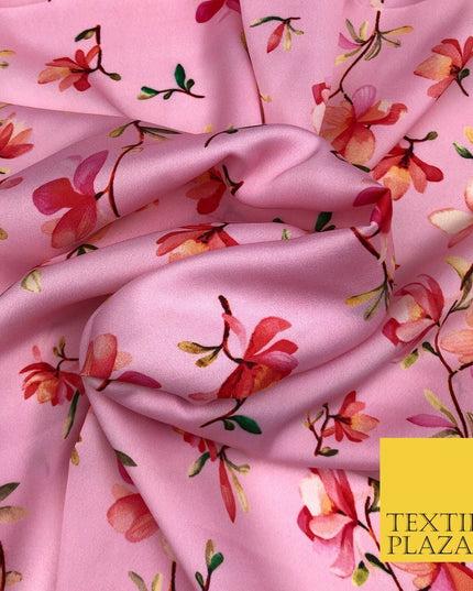 Bubblegum Pink Floral Silky Digital Print Satin Crepe Dress Fabric Trendy I1075